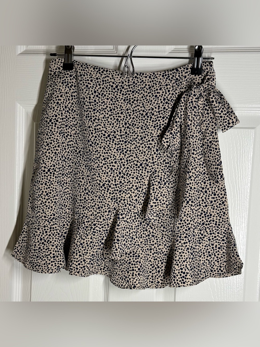 Princess Polly Beige Mini Skirt with Navy Spot Print and Side Tie
